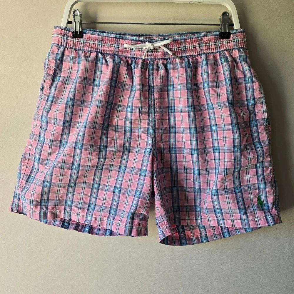 Polo Ralph Lauren Mens Pink Blue Plaid Swim Trunks Mesh Lining Size‎ L Large